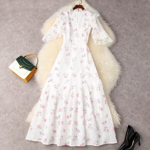 European and American womens wear for summer 2021 V-neck cut-out print with five-quarter sleeve Fashion White Dress