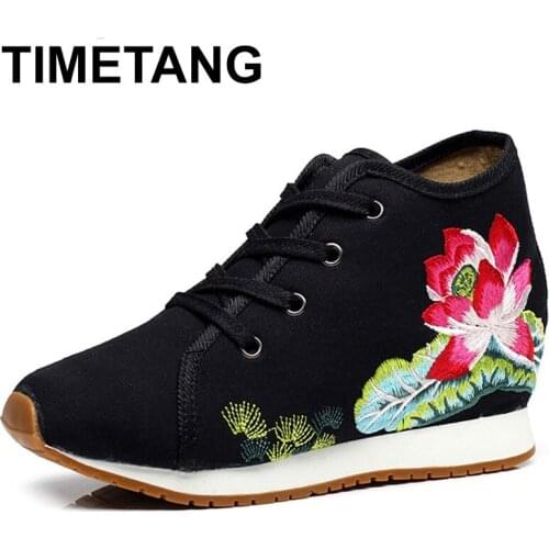 TIMETANGWomen Shoes Lotus Embroidery Travel Canvas Chinese Lace Up Casual Cotton Cloth Platforms Shoes Woman Sapato FemininoE185