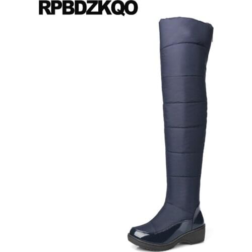 Knee High 2017 Long Round Toe Navy Blue Chunky Zipper Low Heel Ladies Winter Over The Slim Waterproof Snow Boots Women Shoes