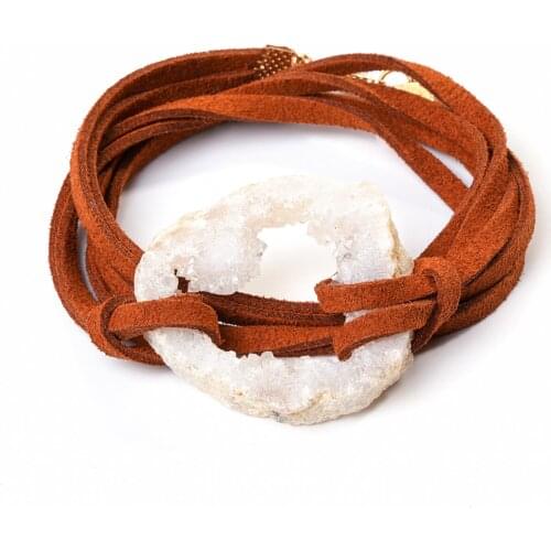 Natural Crystal Gems Stone Bracelet Femme Druse Geode Slice Jewellery For Women Leather Wrap Bracelets Fashion Boho Jewelry 2019