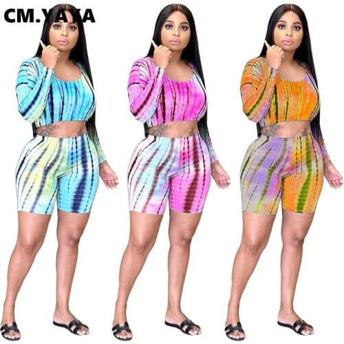CM.YAYA Casual Two Piece Sets Women Full Sleeve O-neck Low Collar Crop Tops Sheath Elastic Short Pants 2 Piece Set Summer Outfit