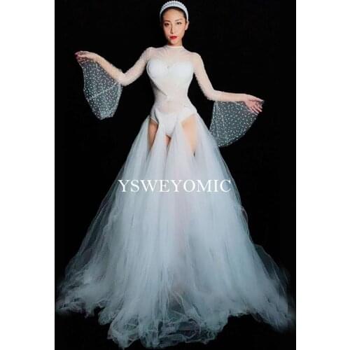 White Black Mesh Rhinestones Dance Costume Women Birthday Bar Nightclub Dance Female Singer Performance Perspective Outfit 16