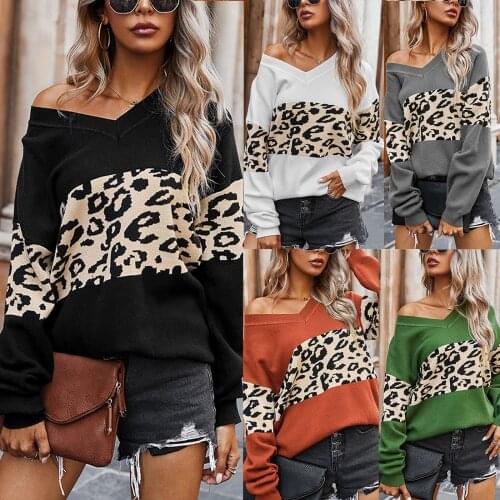 Women Leopard Patchwork Sweater V-neck Full Sleeve Jumper Fashion Autumn Winter Ladies Knitted Pullovers Top Khaki Brown