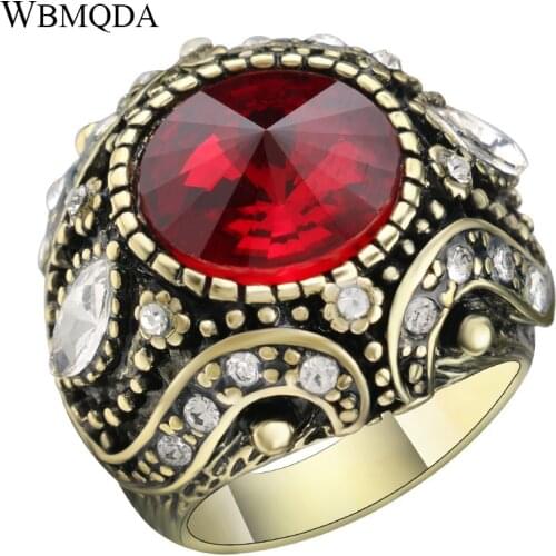 Hot Vintage Punk Rock Red Blue Satellite Stone Rings For Women Luxury Ancient Gold Color Ring Wedding Jewelry Free Shipping