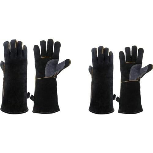 2pair Extreme Heat & Fire Resistant Gloves Leather with Stitching,Mitts Perfect Black 16 Inches & 14 Inches