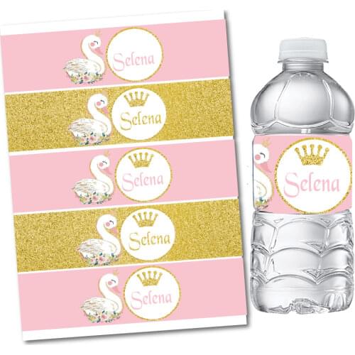20Pcs Gold Glitter Pink Swan Baby Shower Water Bottle Wine Labels Waterproof Candy Bar Wrapper Sticker Birthday Party Decoration