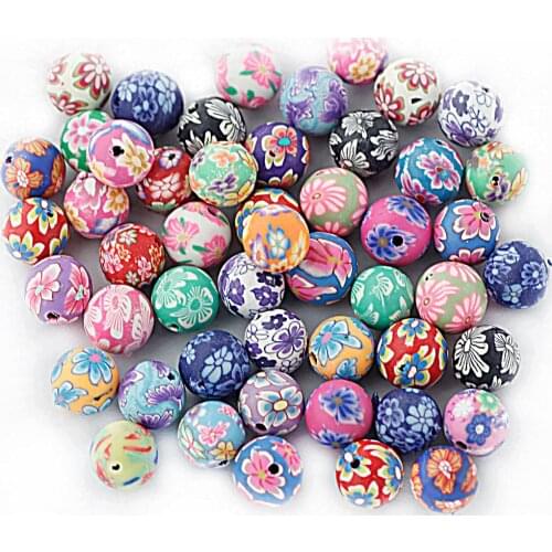 50Pcs Floral Polymer Clay Round Beads DIYCraft Supplies 10mm for Earrings Bracelets Necklaces Pendants Phone Home Decoration