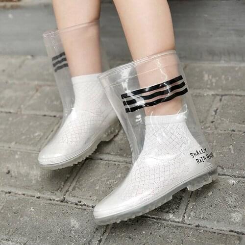 Baby Girls Boys Rain Boots Kindergarten Non-slip Shoes Childrens Light Transparent White Striped Rain Shoes #12-15