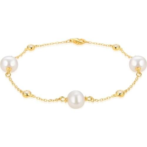 Beritafon 925 Sterling Silver Chain Bracelet with CZ and Freshwater Pearl For Women or Girls