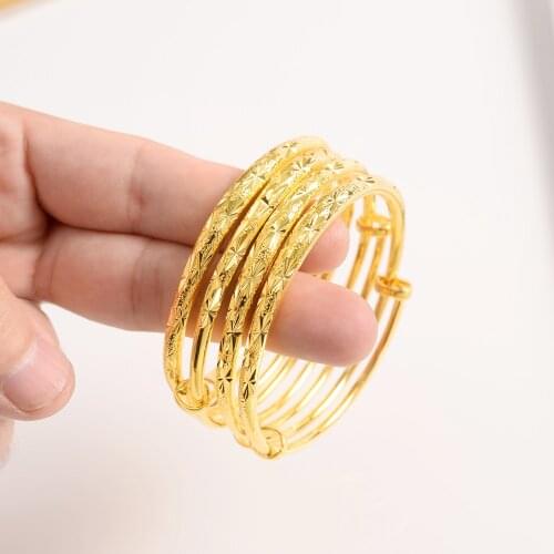 Dubai Fine gold Bangle Yellow Solid GF Bracelet Africa Jewelry Circlet Gift 1pc or 4 pc Elasticity Open push-and-pull wholesale