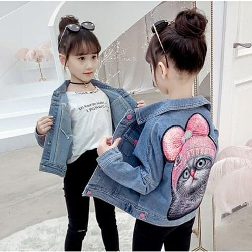 Girls Denim Coat 3-12 Years Turn-down Collar Solid Childrens Clothing Cat Cartoon Spring and Autumn Kids Clothes Jackets