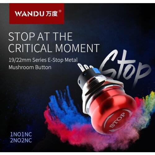 WANDU 19mm 22mm Mushroom Head emergency stop push button switch 1NO1NC 2NO2NC latching