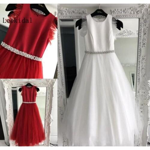 Cute Flower Girls Dresses A-Line Crew Neck Tulle Sweep Train Dark Red Girl Celebrity A Line Dresses Custom