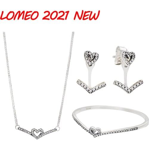 Lomeo Valentines Day 2021 100% Silver Sparkling Wishbone Heart Bangle Necklace Earrings Set Original European Fashion Jewelry