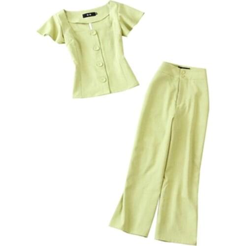 Fashion plaid suit female summer New high-quality thin half-sleeved shirt top + high waist wide leg pants casual outfit women