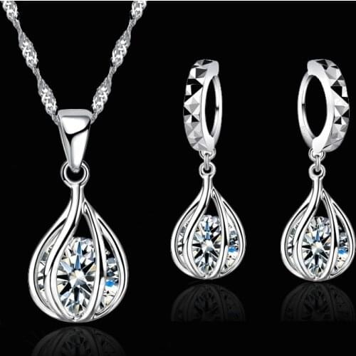 Charming 925 Sterling Silver Jewelry Set For Women Round Cage Shape Crystal Pendant Necklace Earrings wholesale Retail