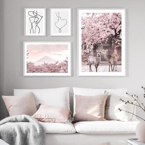 Pink Mount Fuji Umbrellas Street Cranes Lake Deer Wall Art Print Canvas Painting Nordic Poster Decor Pictures For Living Room