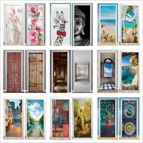 Landscape Door Stickers 3D Removable Vinilos Para Puertas Adhesive Wallpaper Art Murals for Doors Bibliotheque Modern Home Decor