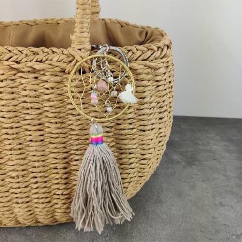 Natural shell dreamcatcher keyring bag charm fashion silver boho jewelry wood bead tassel pompom keychain for women