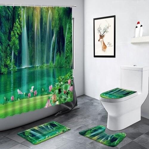 Landscape Waterfall Shower Curtains Lotus Green Plants Flowers Chinese Scenery Bath Mat Non-slip Rug Toilet Bathroom Decor Sets