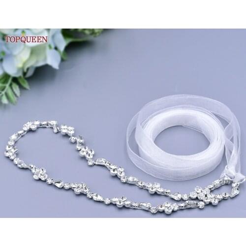 TOPQUEEN S305 Silver Waist Chain Belt for Wedding Bridal Belt Wedding Dresses Organza Wedding Belt Belt with Crystals Hanging