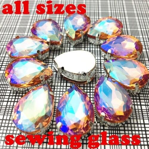 Sew On light peach AB 10x14mm 13x18mm 18x25mm 20x30mm Teardrop Crystal Fancy Stone with 4 Holes Metal Claw Setting
