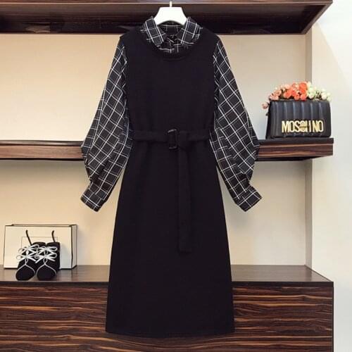 Plus size women vintage knitted sweater dresses office ladies turn down collar plaid lantern sleeve patchwork vintage vestidos