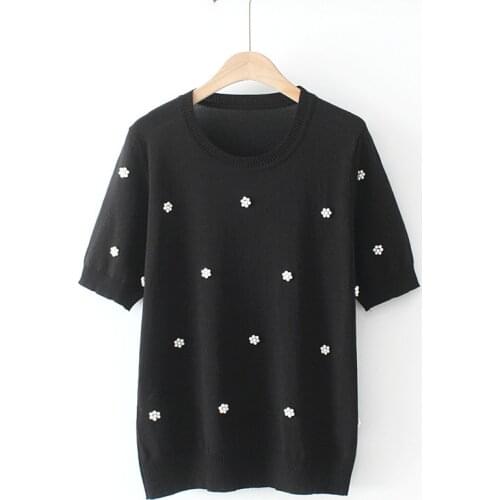 Plus Size XL-4XL Womens White Black Beading Tshirts Short Sleeve Vintage Crochet Tops Oversized Slim Tee