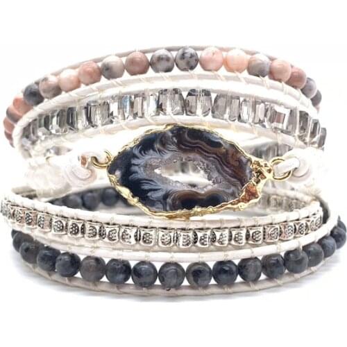 Ruberthen Fashion Women`s Boho Bracelets Natural A-gate Wrap Leather Bracelet Fancy Handmade Femme Yoga Bracelets