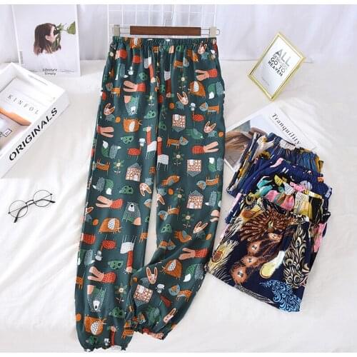 Elastic Waist Women Summer Trousers Satin Pants Printing Beach Womens Bottom Sleep Wear Lounge Pajamas Casual Homewear Plus Size