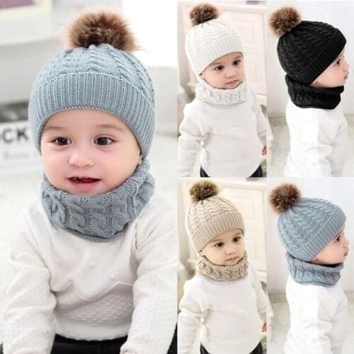 Boys Girls Beanie Hats Warm Winter Soft Cotton Knitted Beanies Pom Poms Hat Thick Warm Winter 1-3 Ages Baby Knitted Hat