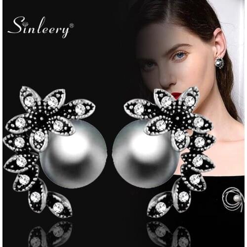 SINLEERY Hot Fashion Gray White Pearl Earrings Stud Antique Silver Color Zircon Leaf Shape Jewelry For Women Girl Es525 SSP
