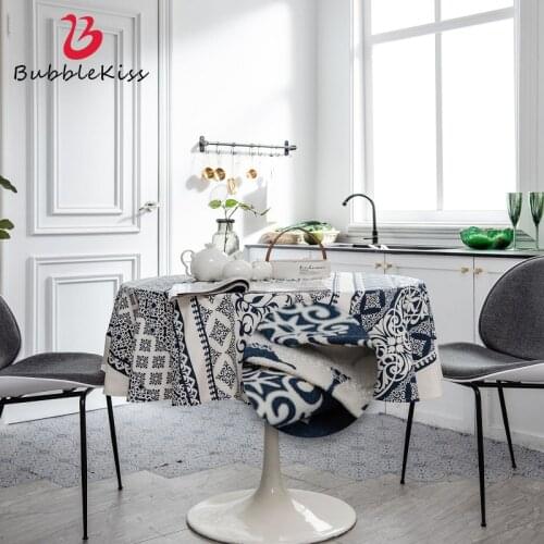 Bubble Kiss Bohemian Ethnic Style Cotton Linen Tablecloth Navy Blue Printing Table Decoration Wedding Decor Round Table Cloth