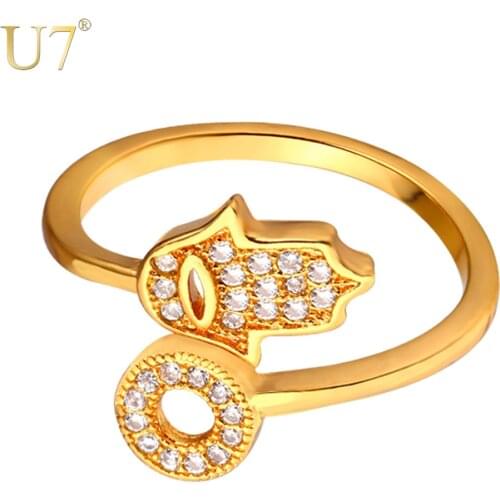 U7 Hamsa Hand of Fatima Lucky Jewelry Rings For Women Gold Color Zircon Adjustable Band Rings Wholesale R415
