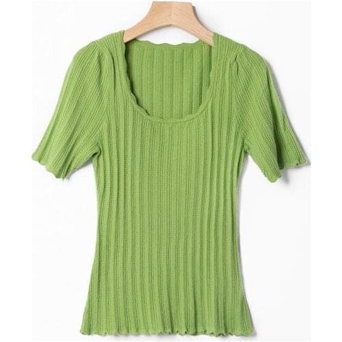 2021 Summer New Temperament U-neck Petal Neck Fancy Wool Knit Short Sleeve Top