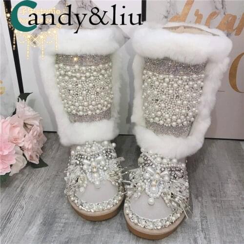 Winter lady cowhide snowshoes thickened high tube fairy pearl white cotton northeast non-slip cotton shoes