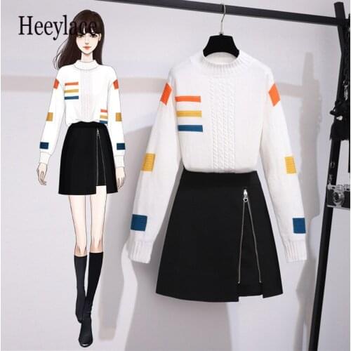 2021 Autumn Winter Warm Korean Sweet 2 Pieces Sets For Women Knitted Pullover Long Sleeve Sweater And Black Shorts Skirts Suits