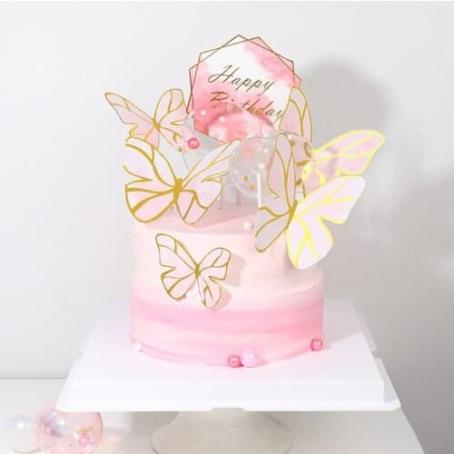 2021 Beautiful Butterfly Happy Birthday Cake Topper Gold Birthday Cupcake Topper Supplies for Kid Birthday Party Cake Decoration