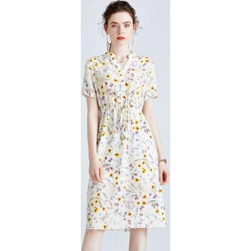 White Silk Crepe Print Littl Daisy Floral Dresses Women Fashion 2021 Summer Long Casual Sexy Office Work Daily Dress Plus Size