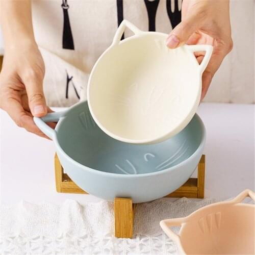 European Ceramic Large Cat Shaped Salad Noodle Bowl Cute Cartoon Simple Dessert Rice Soup Bowl with Wooden Stand Tableware