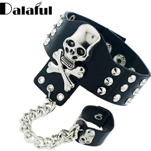 Gothic Skeleton Skull Chain Link Rock Rivet Cuff Black Leather Punk Bangle Bracelet S054