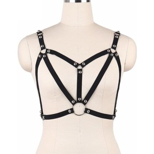 Black Sexy Bondage Lingerie Fetish Frame Chest Cage Bralette Elastic Harness Bra Rivet Body Cage Bra Top Harness Belt O0054