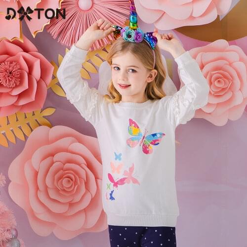 DXTON Long Sleeve Girls T-shirts Children Ruffles t shirts Butterfly Flower Print Kids Tops Toddler Sweatshirt Winter Clothing