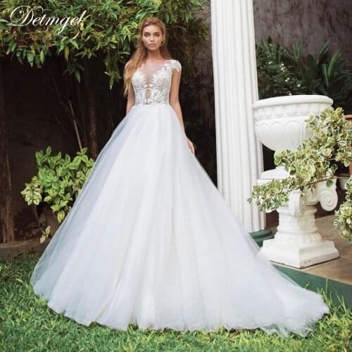 Detmgel Elegant Scoop Neck Cap Sleeves Tulle A-Line Wedding Dresses 2020 Luxury Beaded Appliques Court Train Vintage Bridal Gown