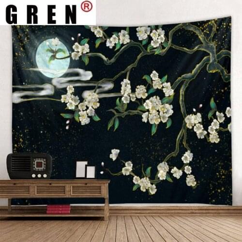 GREN Cartoon Moon Flower Lotus Landscape Tapestry Hanging Rugs Background Cloth Beach Mat Blanket Art Living Home Decor