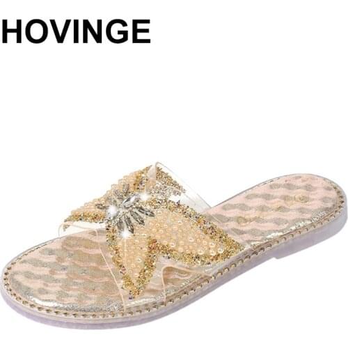 HOVINGE 2020 New Women Fashion Girls Pvc Material Bling Crystal Pearl Flat Slipper Casual Shoes High Quality Sandals