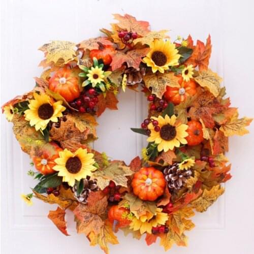 50CM Fall Pumpkin Artificial Wreath for Front Door with Pumpkins Maples Sunflower Thanksgiving Autumn Harvest Holiday Decor