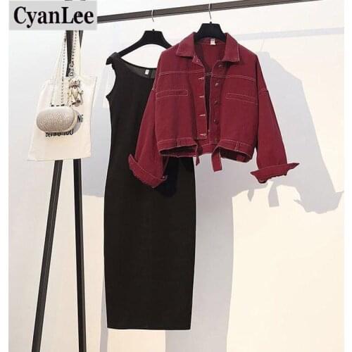 Plus Size 2 Pieces Sets Women 2020 New Autumn Long Sleeve Casual Loose Denim Coat OF-Neck Sling Vest Dress Sets Outfit