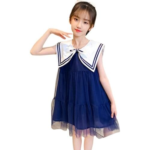 Dress Girl Patchwork Girls Dresses Navy Style Children Mesh Dresses Summer Girls Clothing 6 8 10 12 14