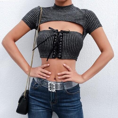 Fashion Slim Sexy Top Tees Female Glamorous Black Short Sleeve Tee Shirt Femme Summer Criss Cross Bandage T Shirt